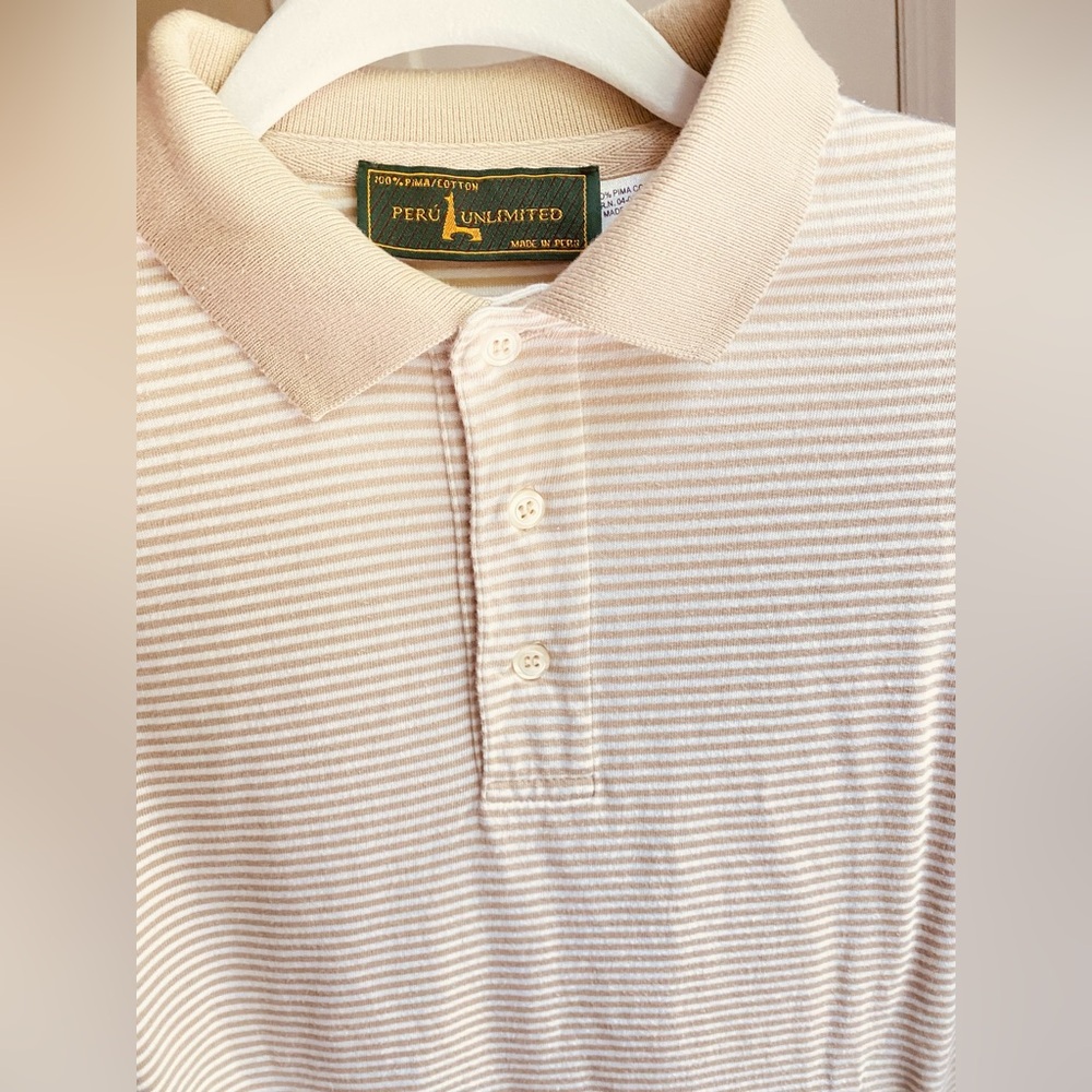 Men's Beige Striped Polo Shirt Peru Unlimited Size M 100% Pina Cotton Office